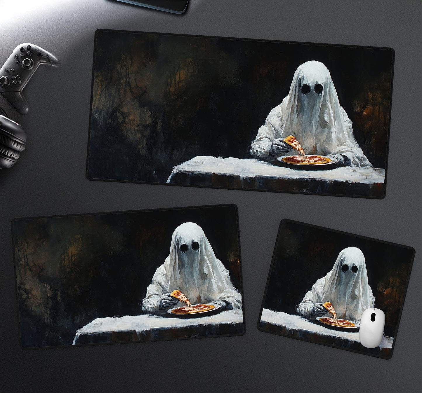 Ghost Eating Pizza Desk Mat