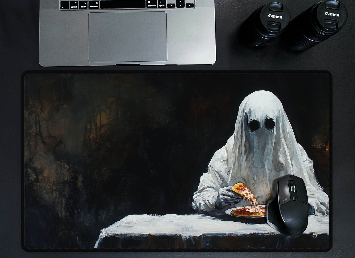 Ghost Eating Pizza Desk Mat