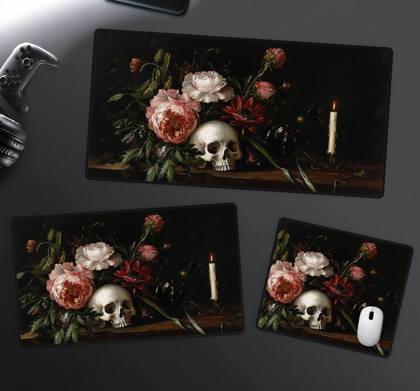 Dark Floral Skull Desk Mat