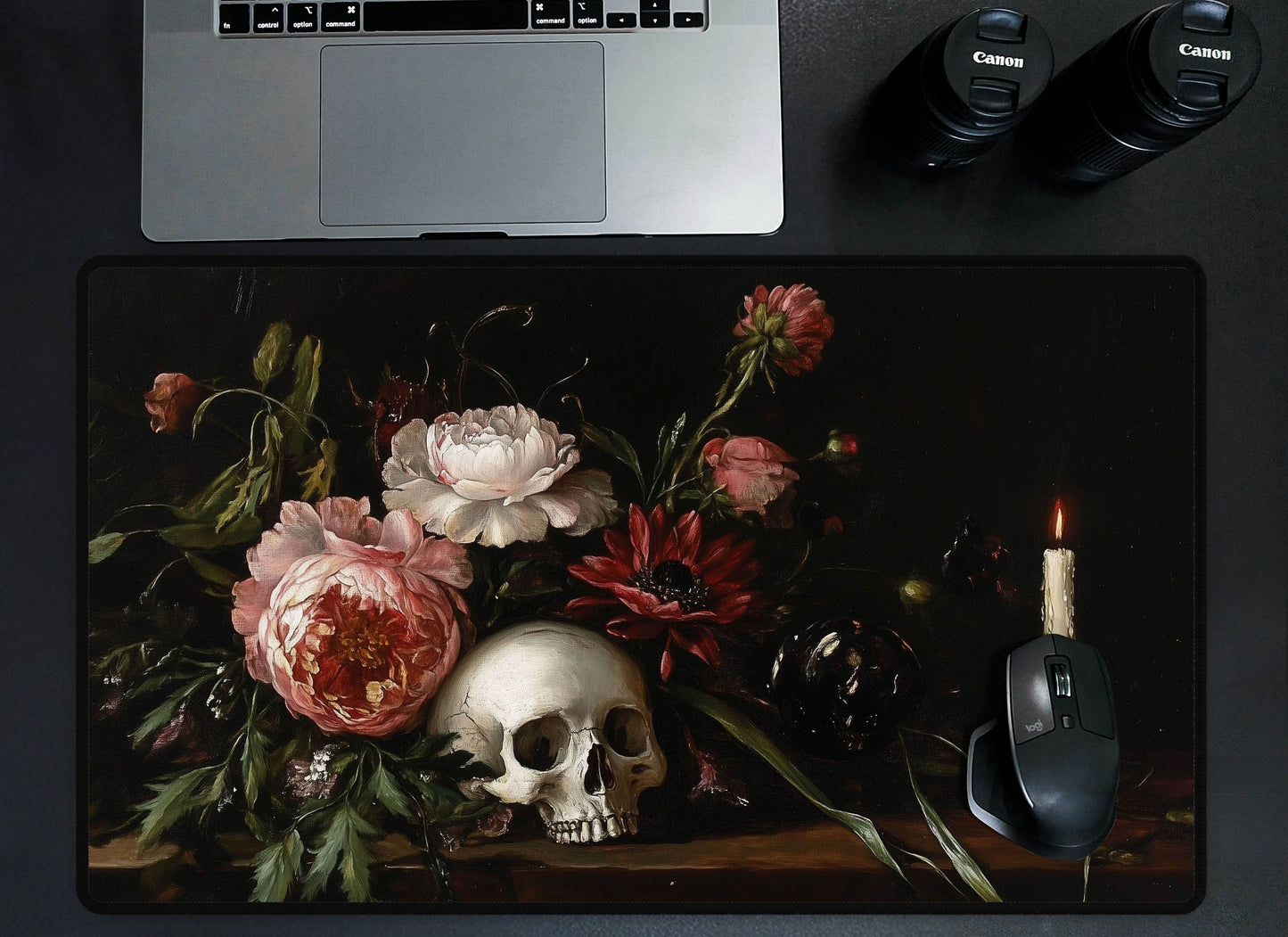 Dark Floral Skull Desk Mat