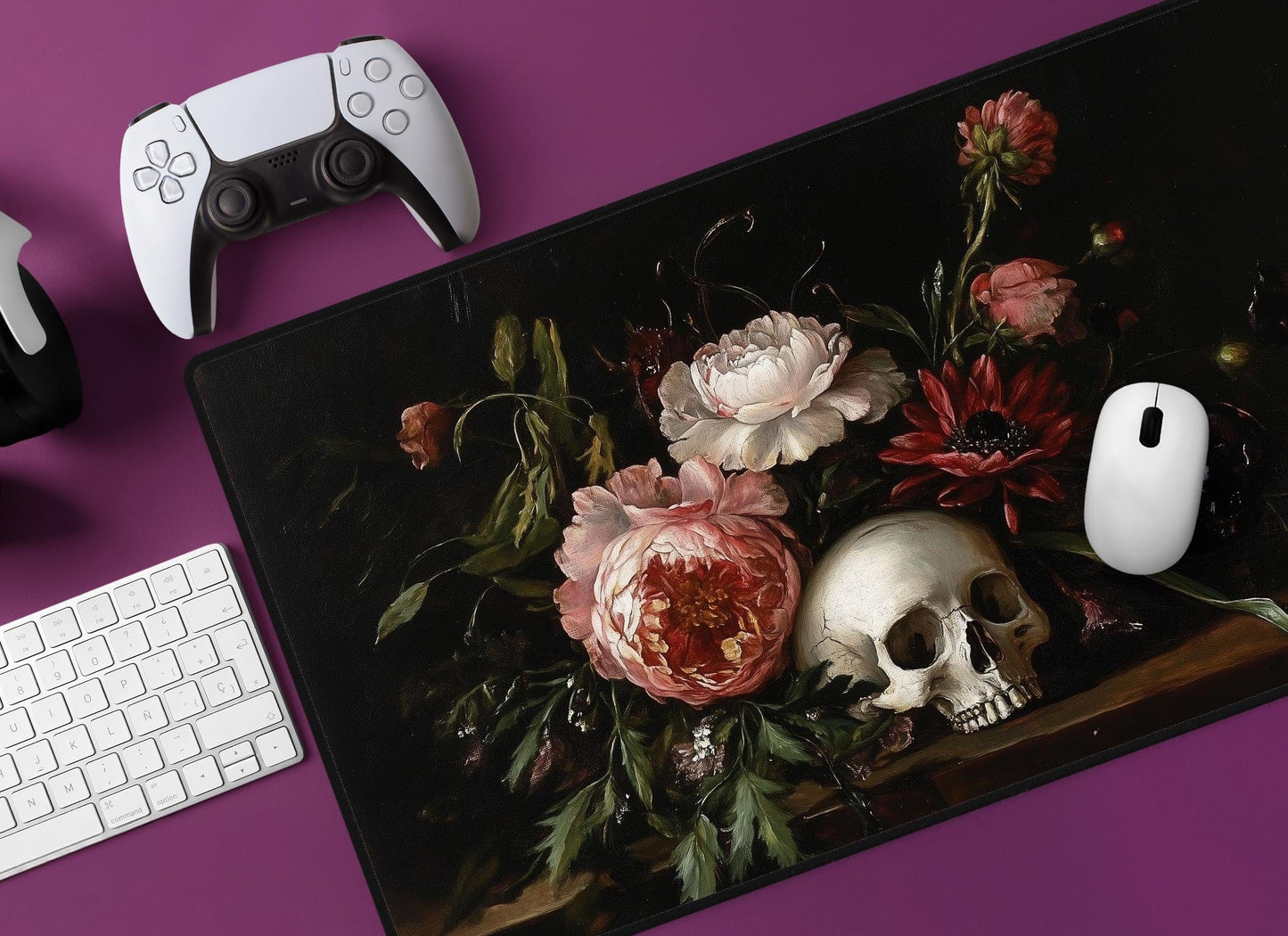 Dark Floral Skull Desk Mat