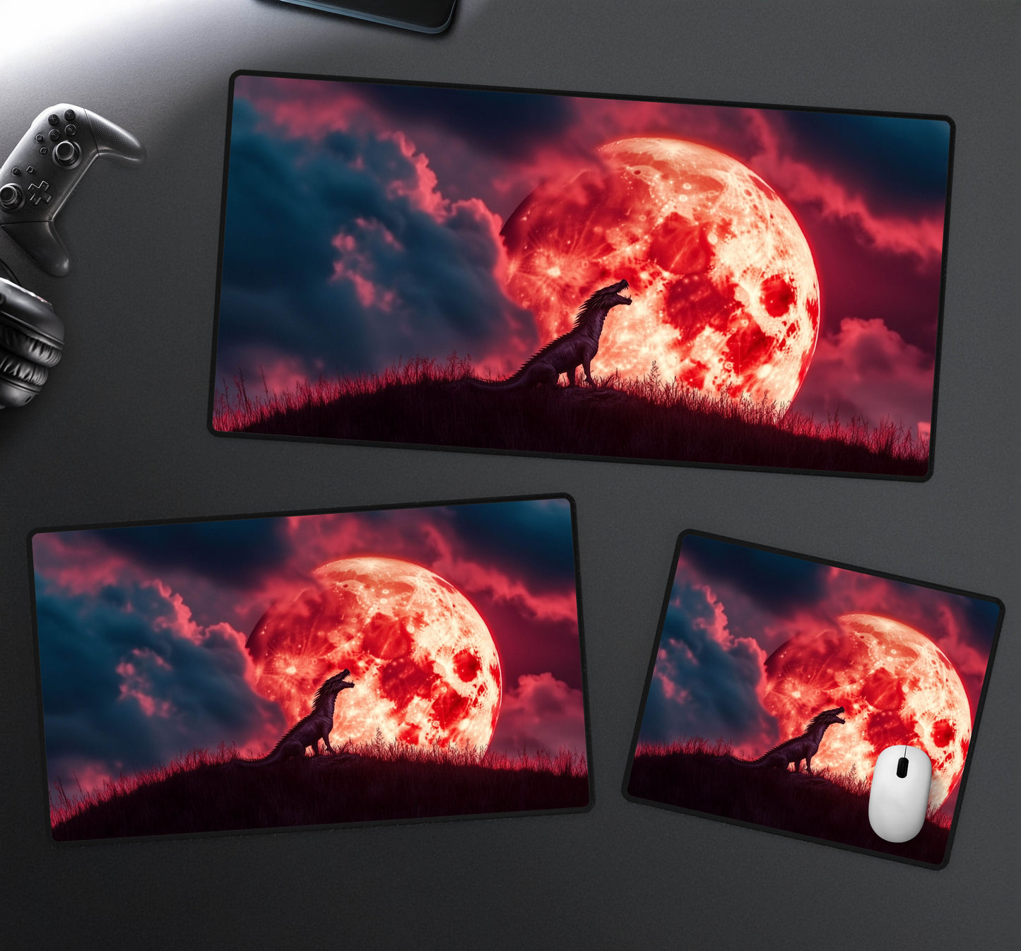 Dragon Under Blood Moon Desk Mat