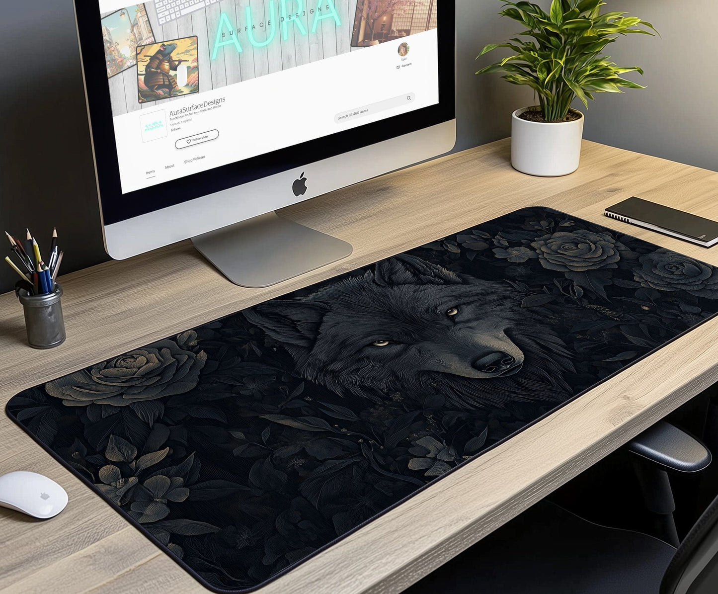 Black Wolf Desk Mat | Alternative Office Decor | Multiple Size Options