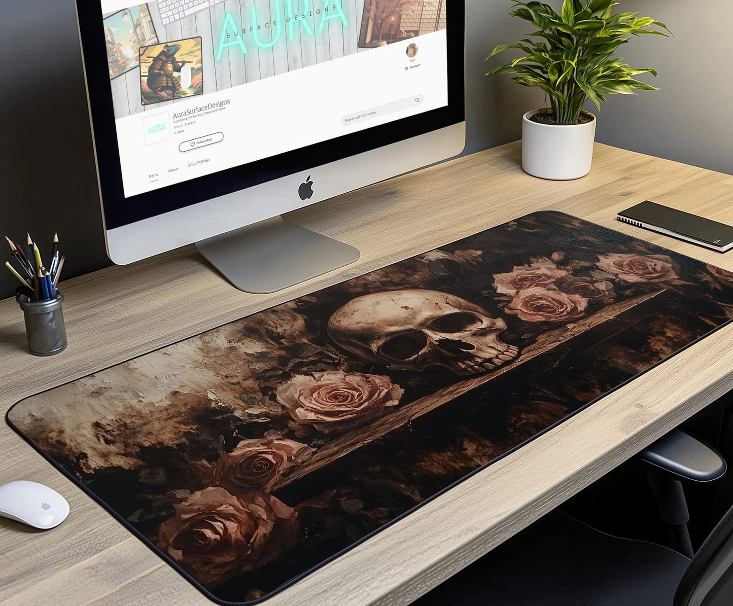 Skull and Rose Desk Mat | Alternative Office Decor | Multiple Size Options