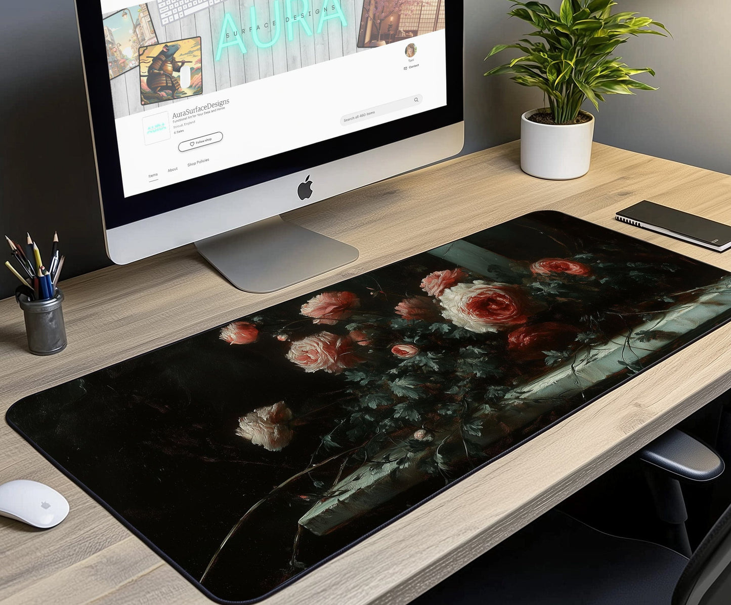 Dark Floral Roses Desk Mat | Alternative Office Decor | Multiple Size Options