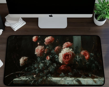 Dark Floral Roses Desk Mat | Alternative Office Decor | Multiple Size Options