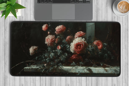 Dark Floral Roses Desk Mat | Alternative Office Decor | Multiple Size Options