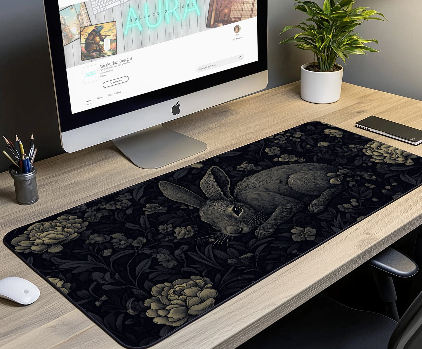 Black Floral Rabbit Desk Mat | Alternative Office Decor | Multiple Size Options