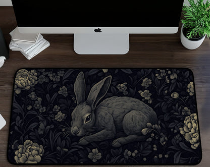 Black Floral Rabbit Desk Mat | Alternative Office Decor | Multiple Size Options