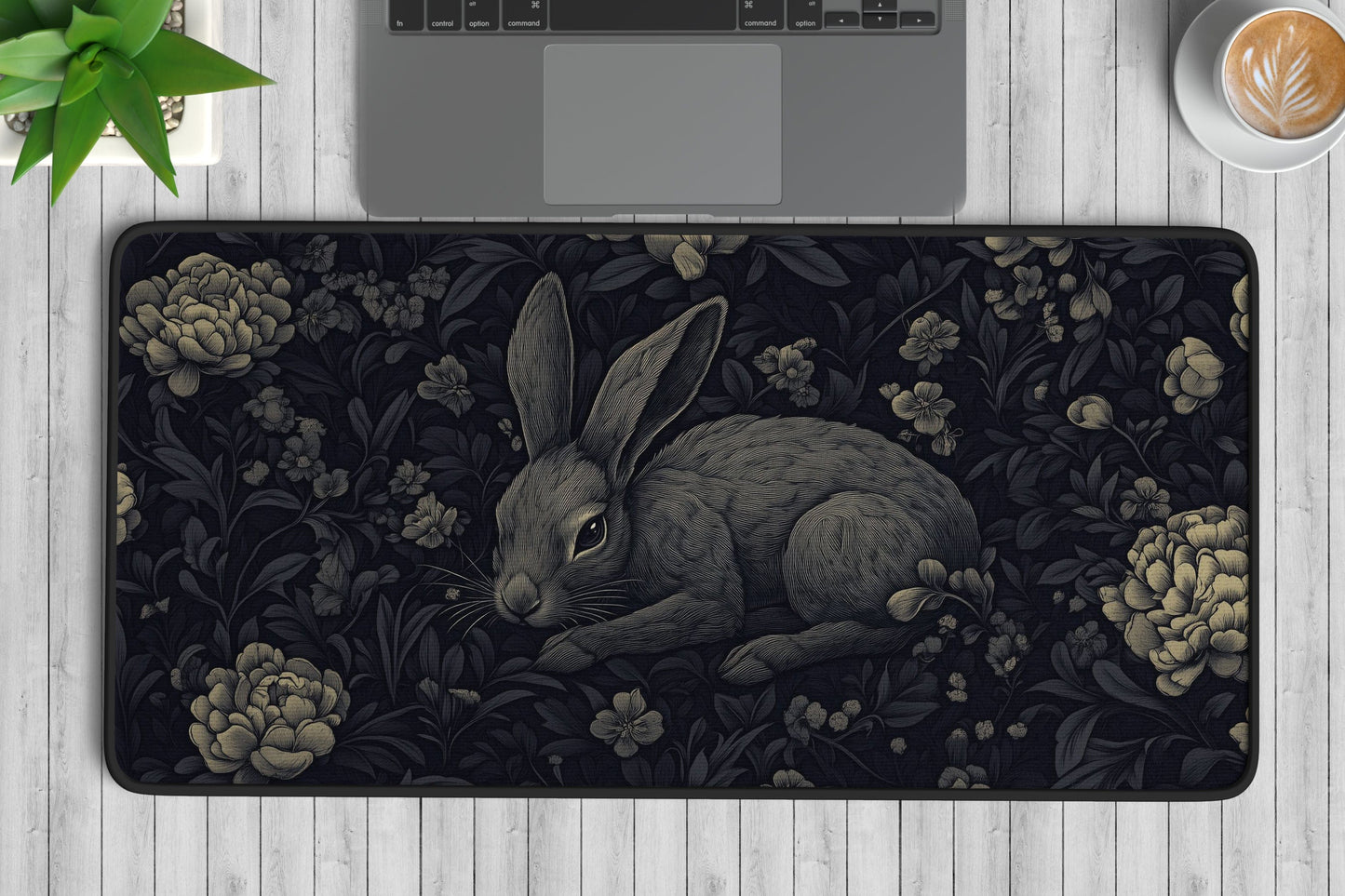 Black Floral Rabbit Desk Mat | Alternative Office Decor | Multiple Size Options