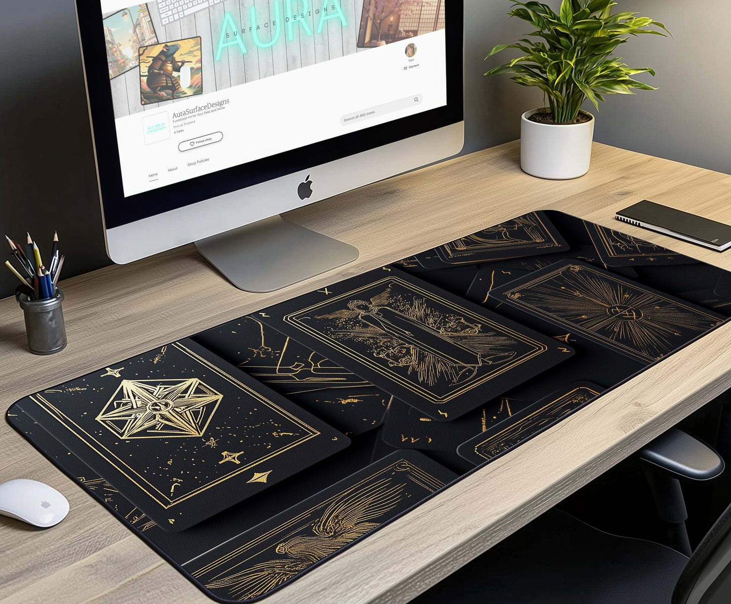 Gold Foil Tarot Card Desk Mat | Alternative Office Decor | Multiple Size Options