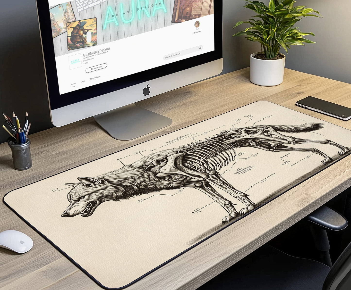 Wolf Skeleton Desk Mat | Alternative Office Decor | Multiple Size Options