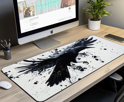 Black Raven Desk Mat | Alternative Office Decor | Multiple Size Options