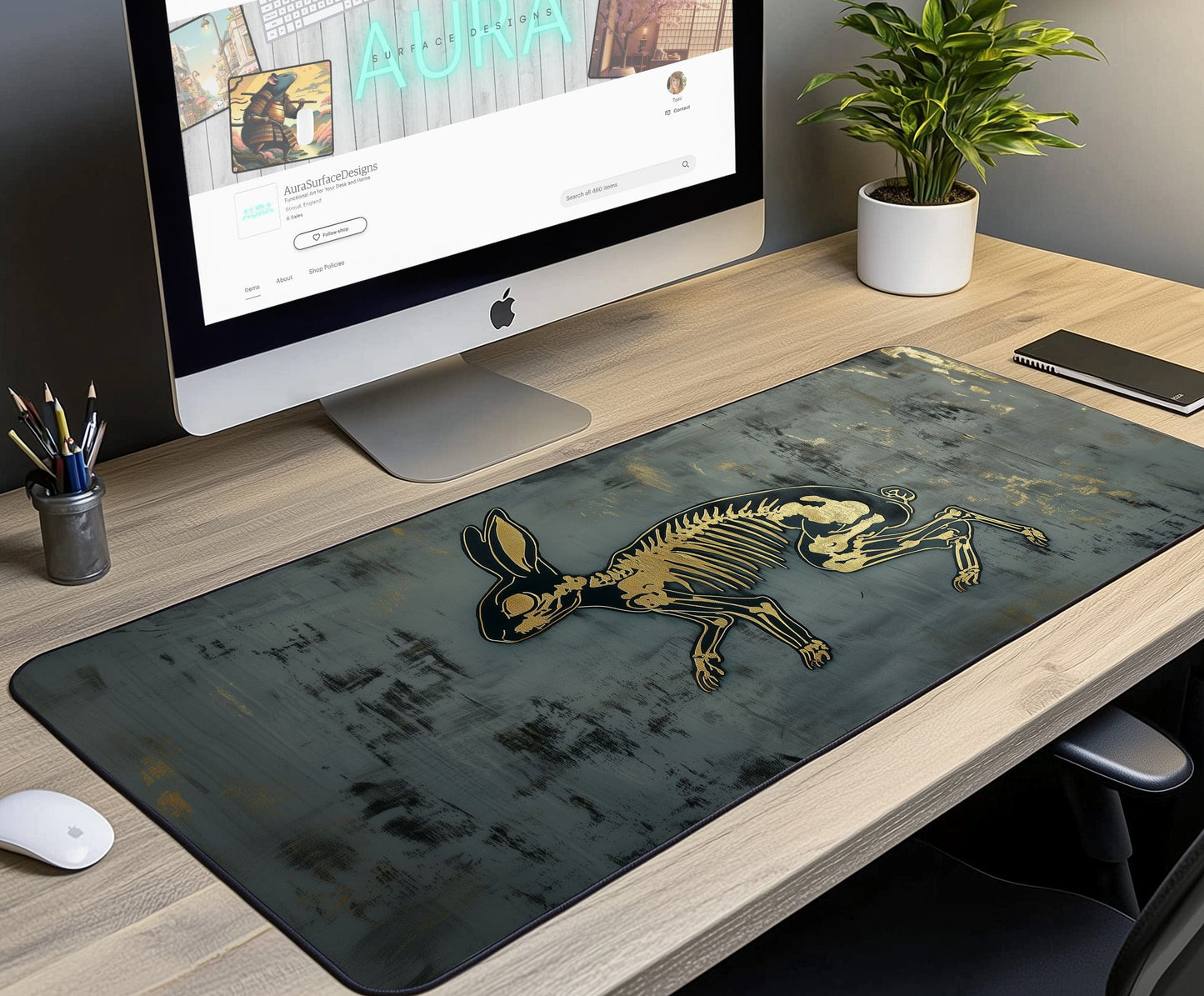 Rabbit Skeleton Desk Mat | Alternative Office Decor | Multiple Size Options