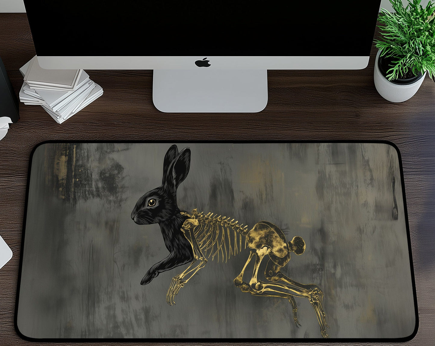 Black Rabbit Skeleton Desk Mat | Alternative Office Decor | Multiple Size Options