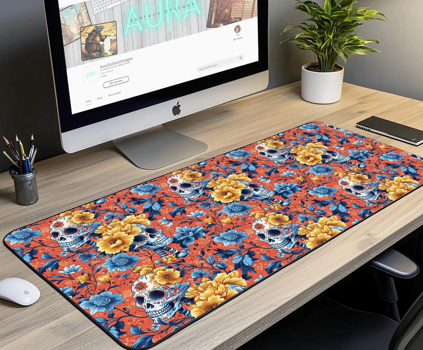 Skull Floral Desk Mat | Alternative Office Decor | Multiple Size Options