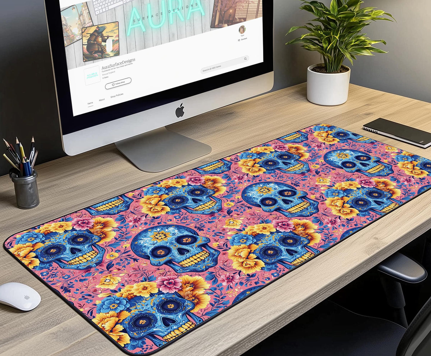 Floral Skull Desk Mat | Alternative Office Decor | Multiple Size Options