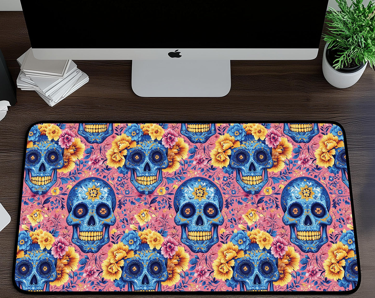 Floral Skull Desk Mat | Alternative Office Decor | Multiple Size Options