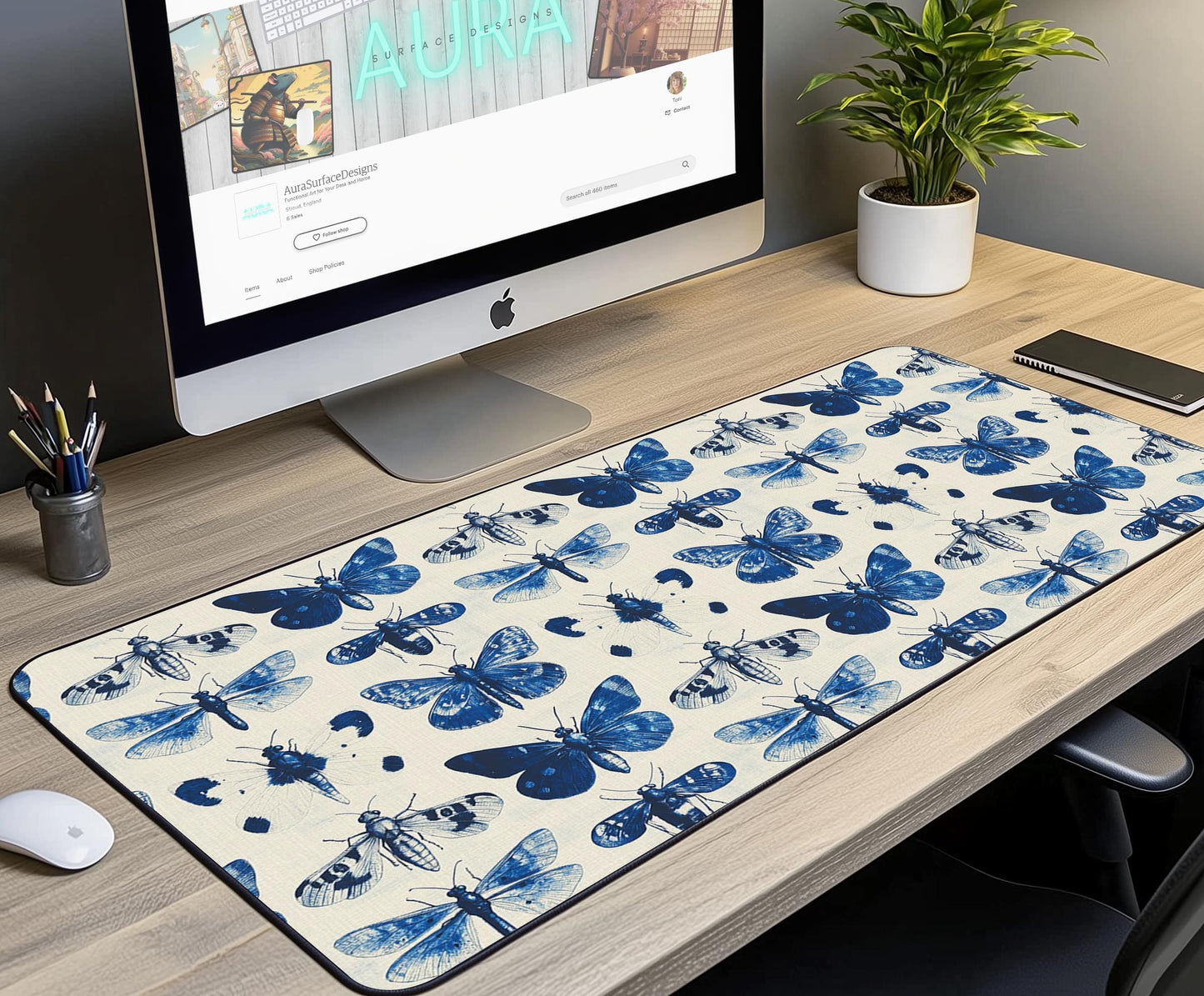 Blue Butterfly Pattern Desk Mat | Alternative Office Decor | Multiple Size Options