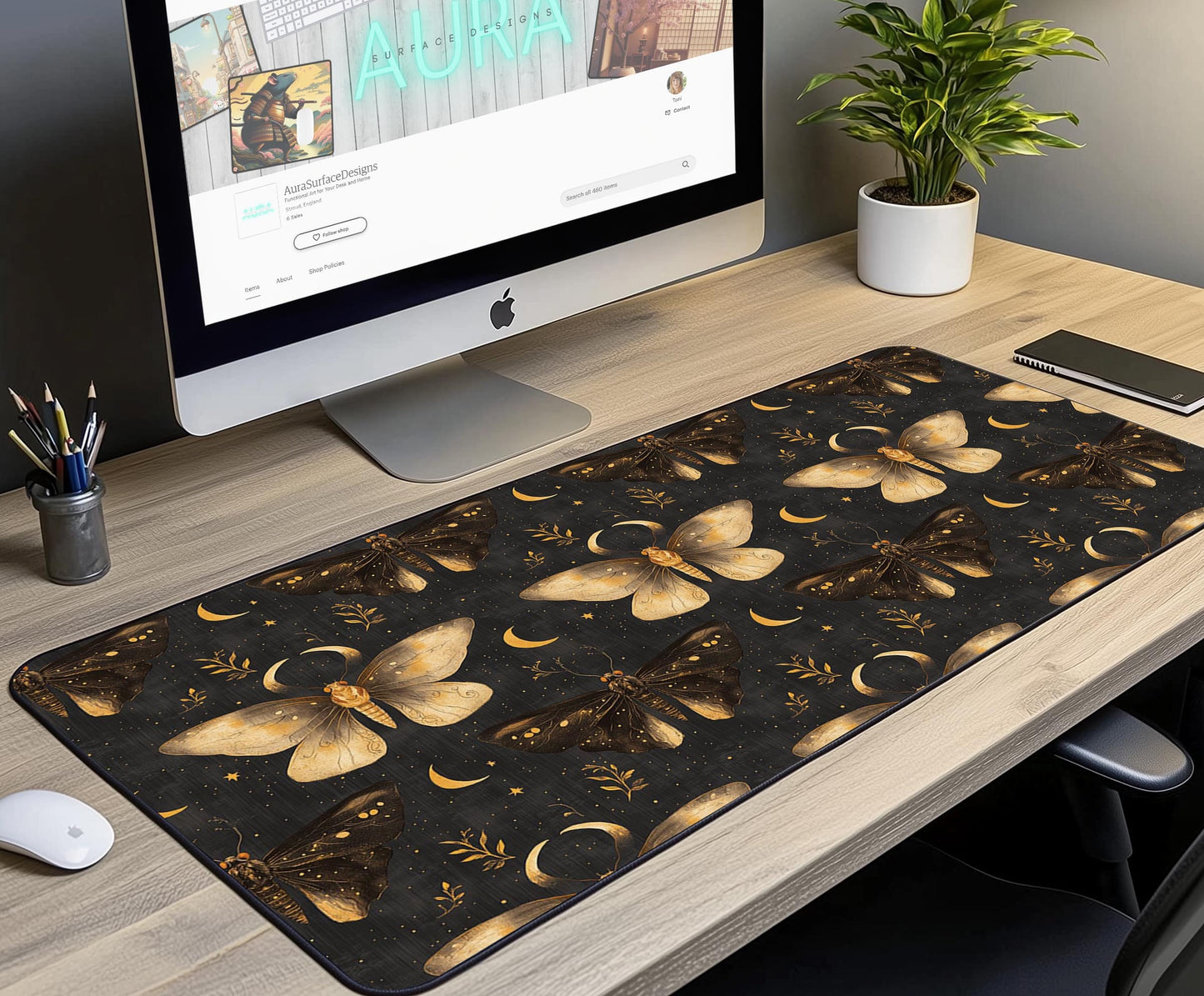 Moth and Moon Desk Mat | Alternative Office Decor | Multiple Size Options