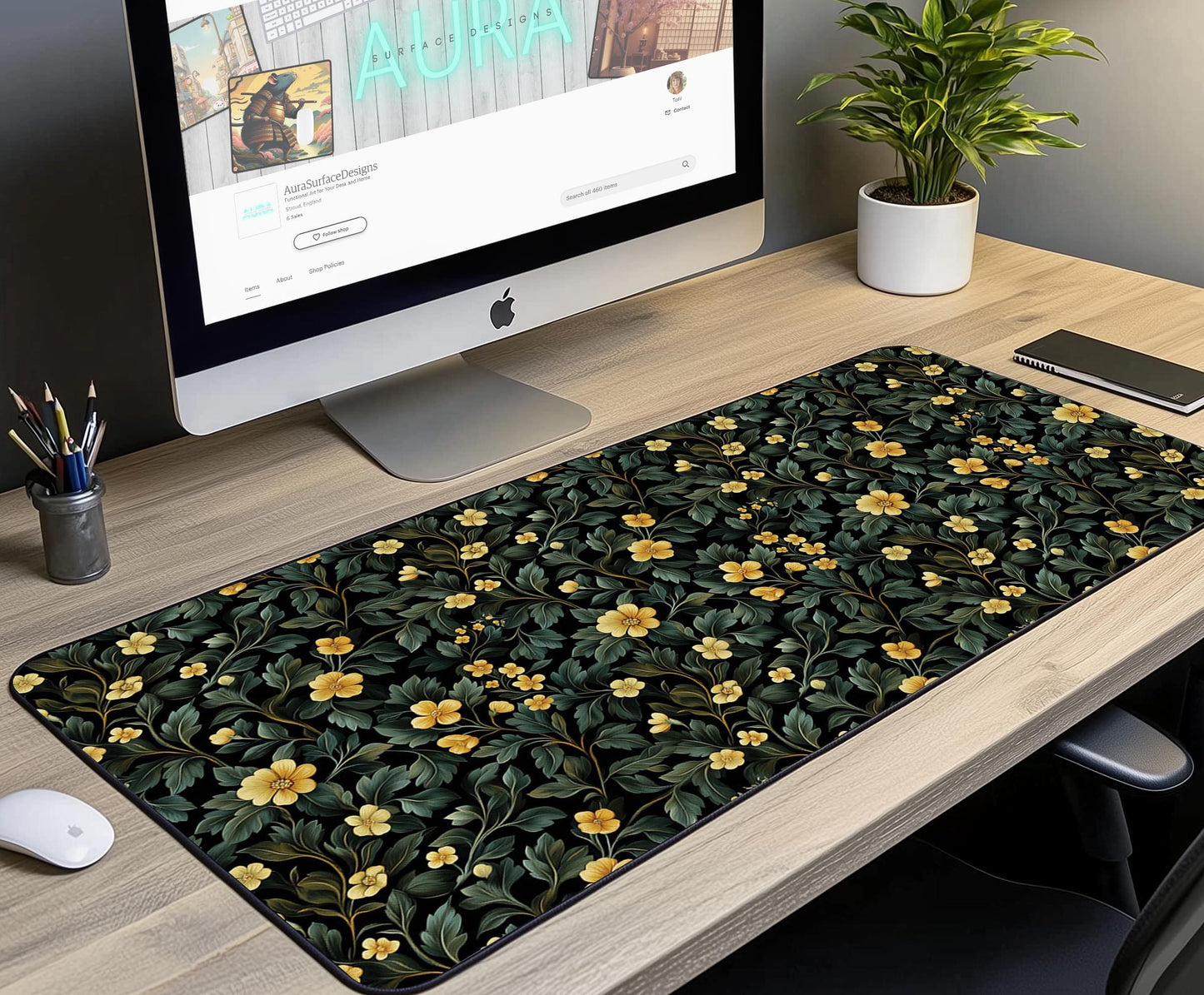 Floral Pattern Desk Mat | Alternative Office Decor | Multiple Size Options