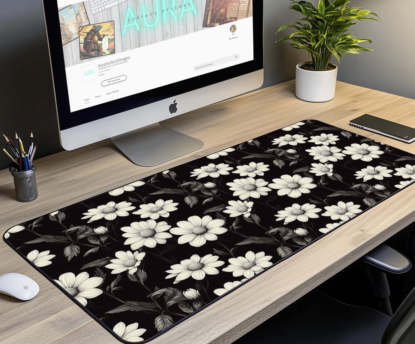 Elegant Floral Pattern Desk Mat | Alternative Office Decor | Multiple Size Options