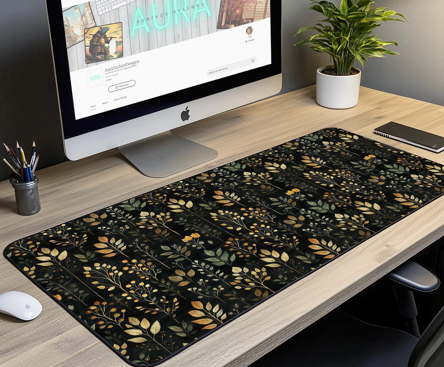 Botanical Pattern Desk Mat | Alternative Office Decor | Multiple Size Options