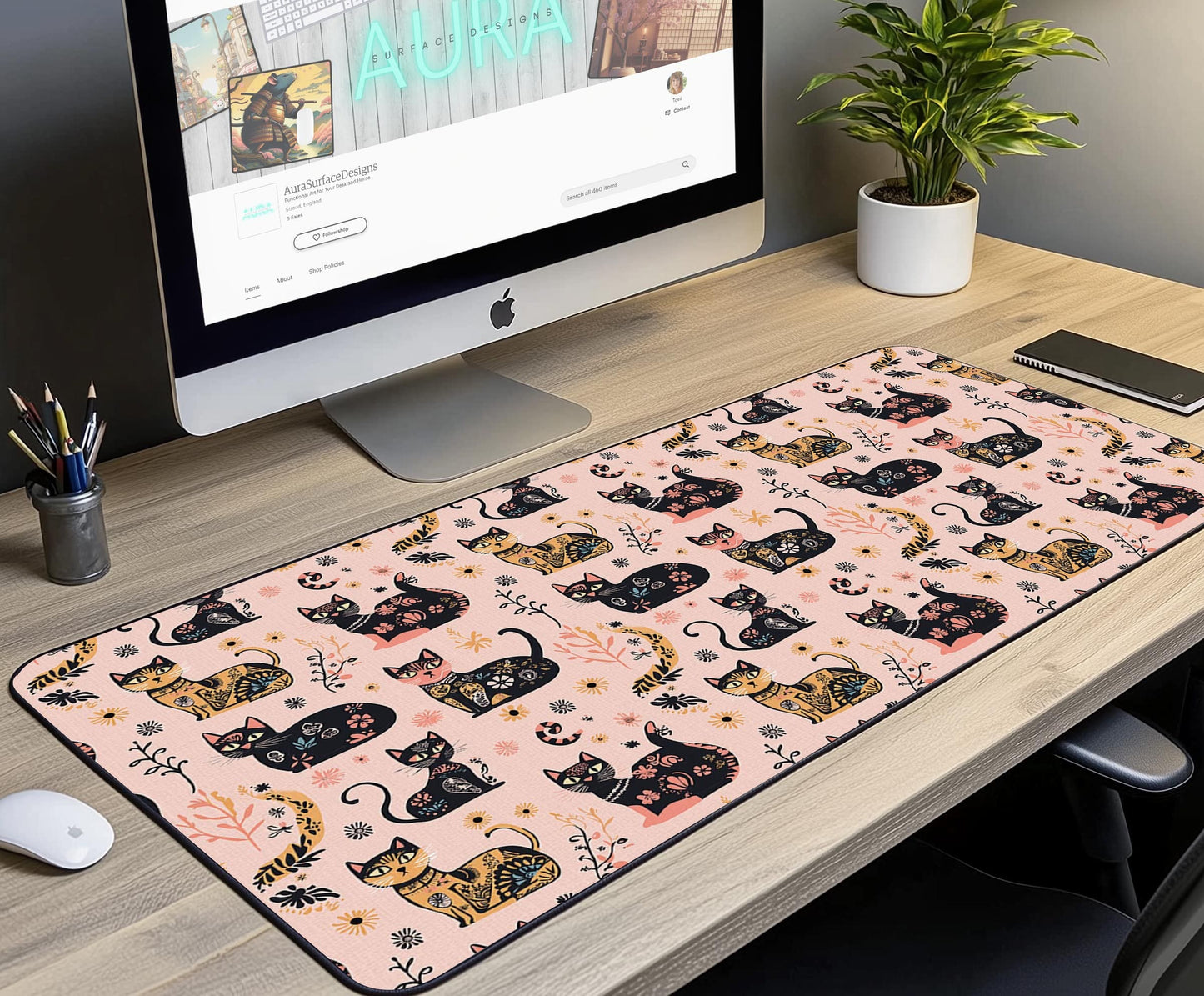 Cat Pattern Desk Mat | Alternative Office Decor | Multiple Size Options