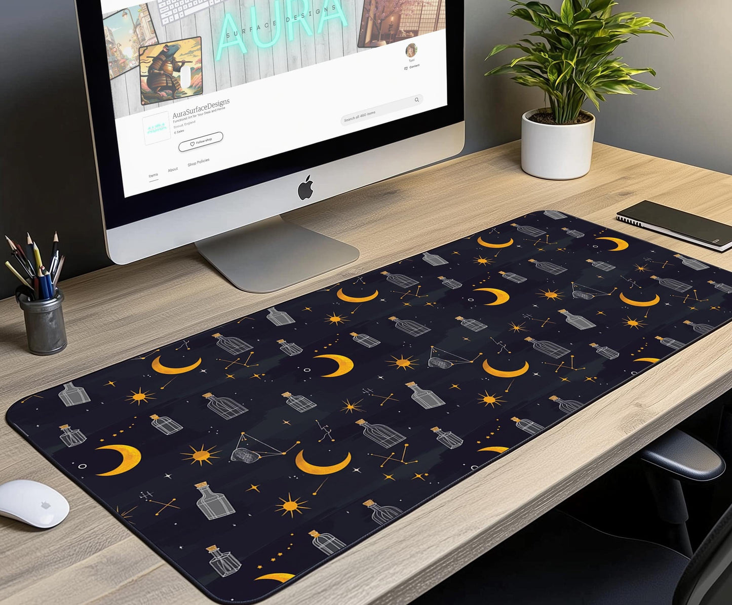 Cosmic Moon & Star Desk Mat | Alternative Office Decor | Multiple Size Options