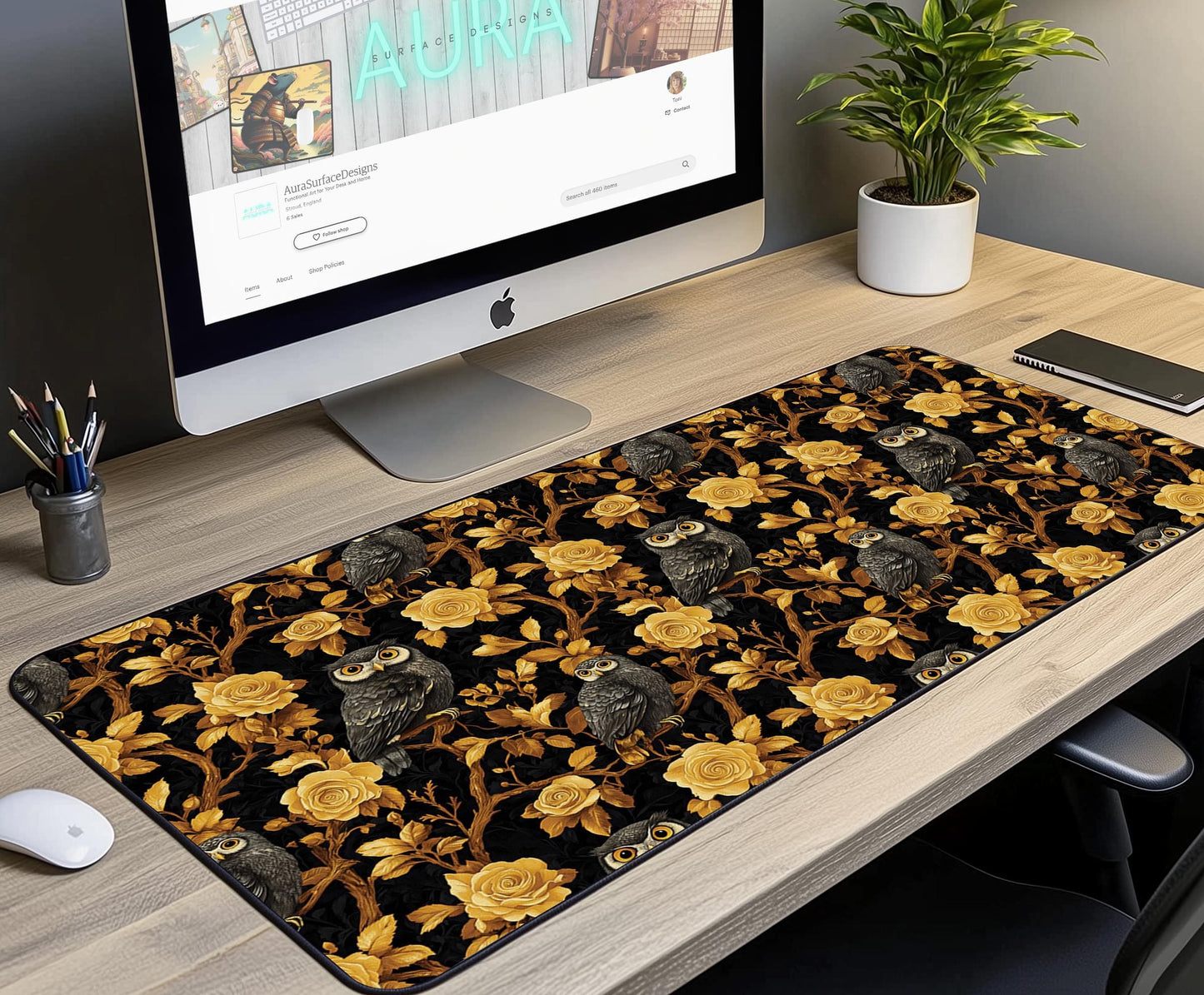 Owl & Rose Floral Desk Mat | Alternative Office Decor | Multiple Size Options