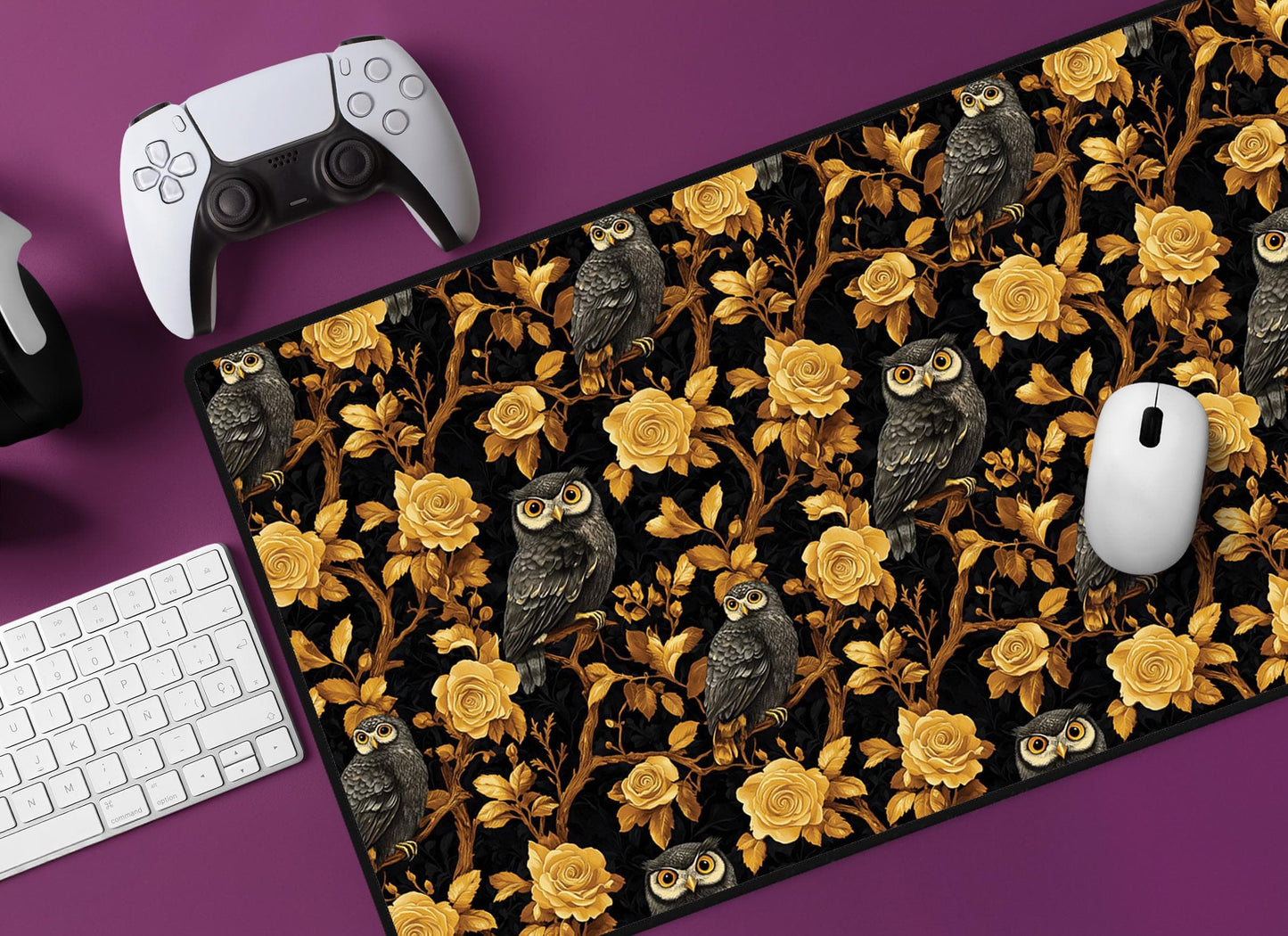 Owl & Rose Floral Desk Mat | Alternative Office Decor | Multiple Size Options