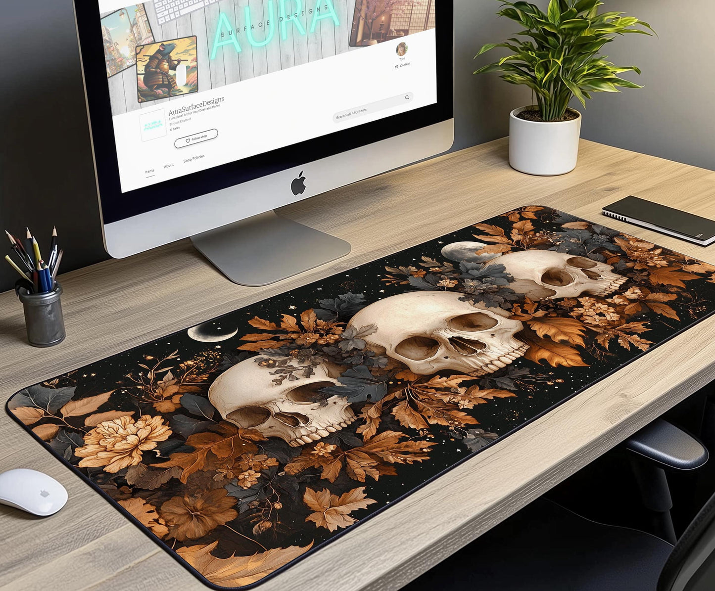 Floral Skull Desk Mat | Alternative Office Decor | Multiple Size Options