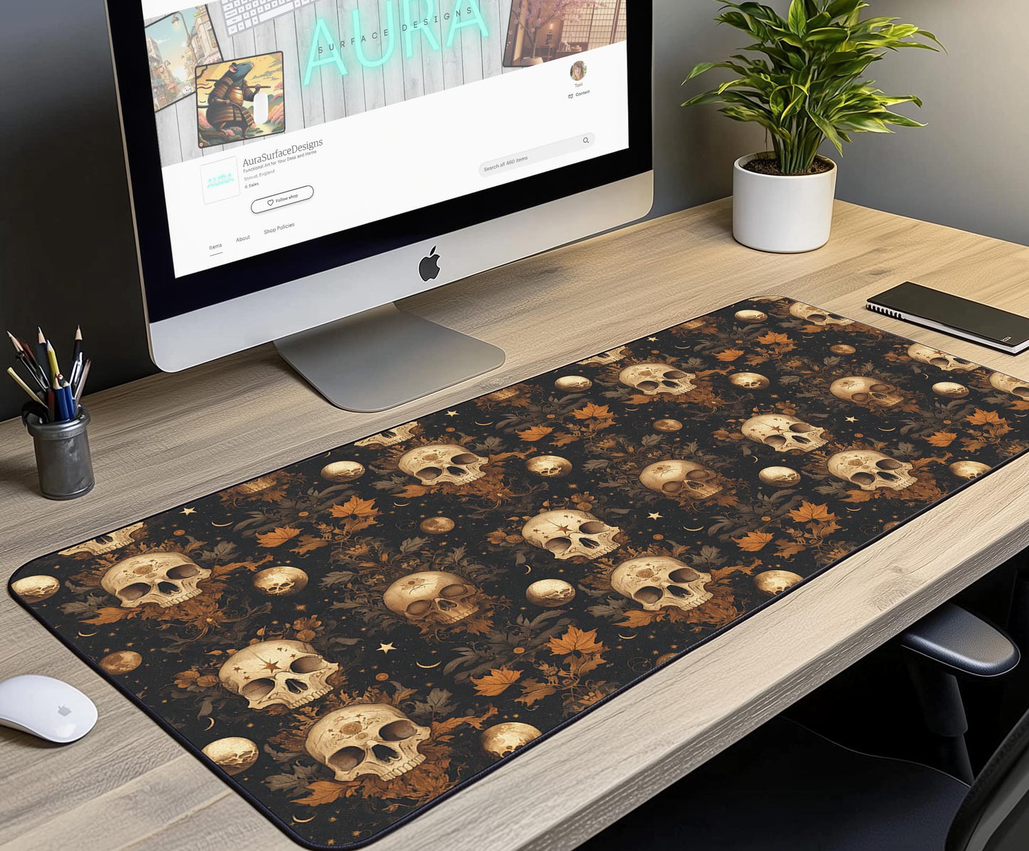 Skull Pattern Desk Mat | Alternative Office Decor | Multiple Size Options