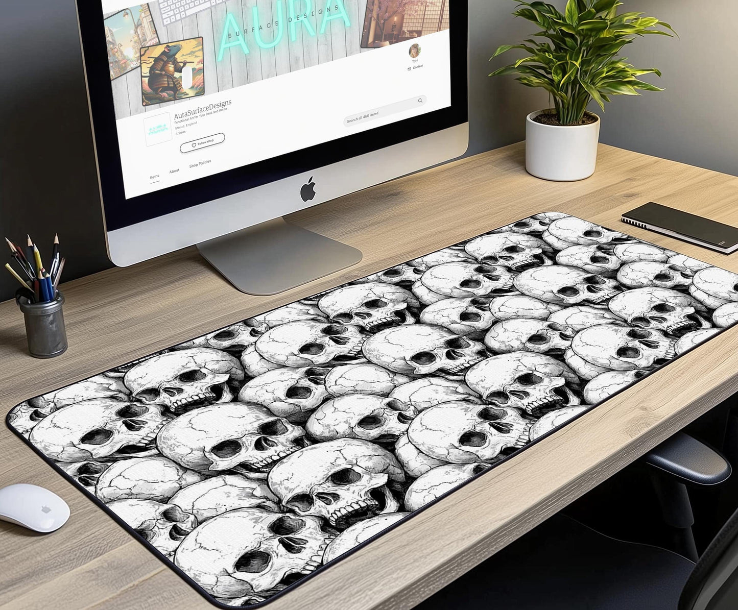 Skull Design Desk Mat | Alternative Office Decor | Multiple Size Options