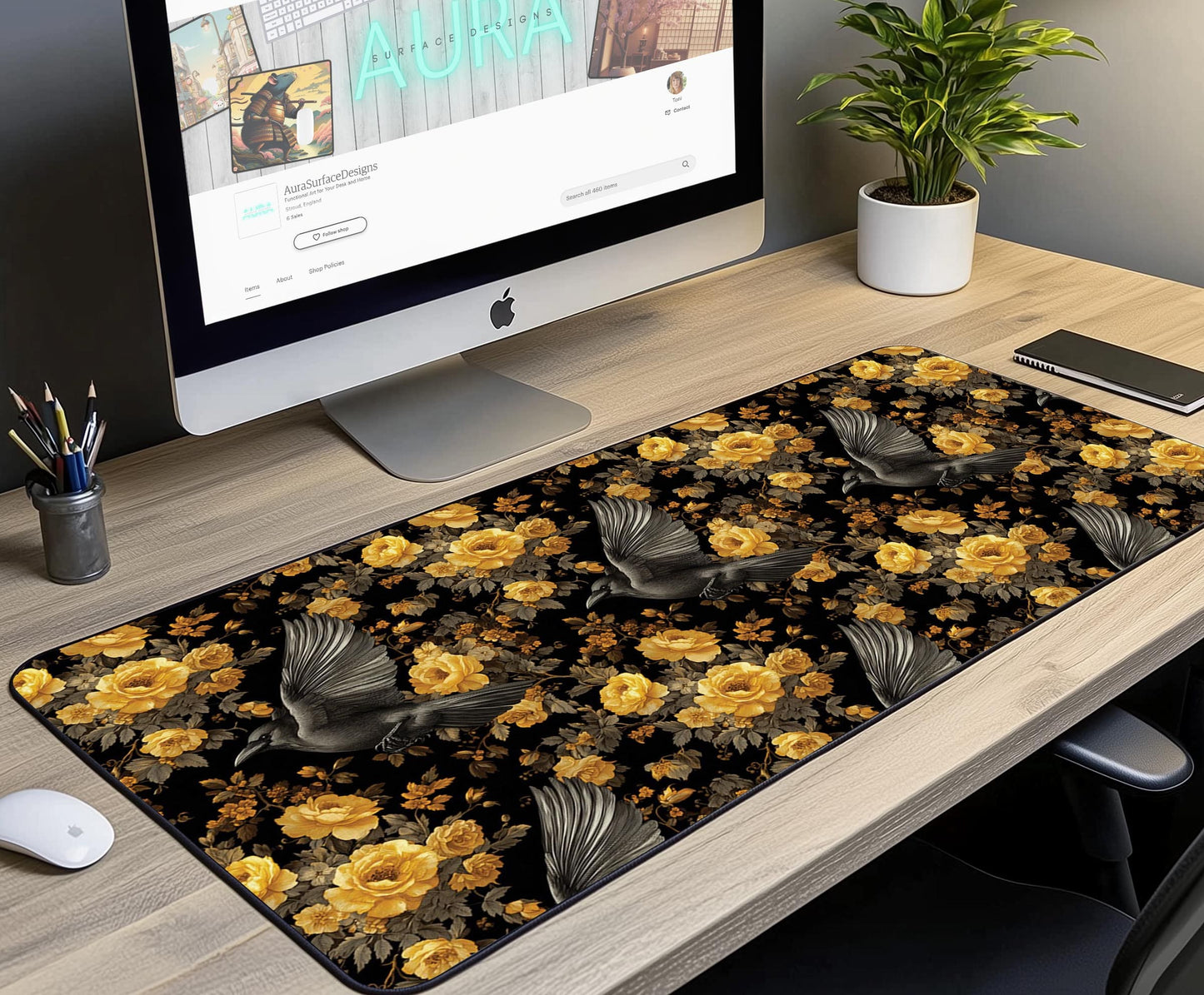 Floral & Bird Pattern Desk Mat | Alternative Office Decor | Multiple Size Options