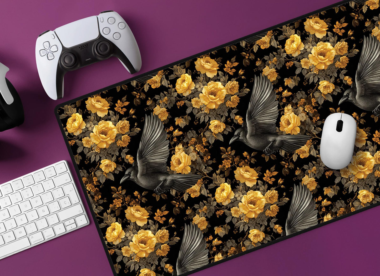 Floral & Bird Pattern Desk Mat | Alternative Office Decor | Multiple Size Options