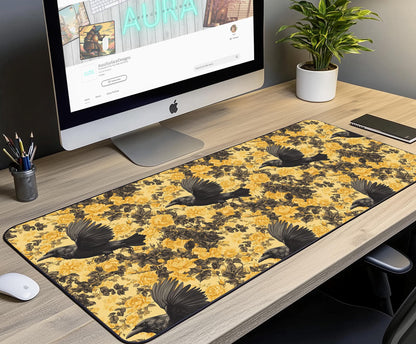 Raven & Yellow Rose Desk Mat | Alternative Office Decor | Multiple Size Options