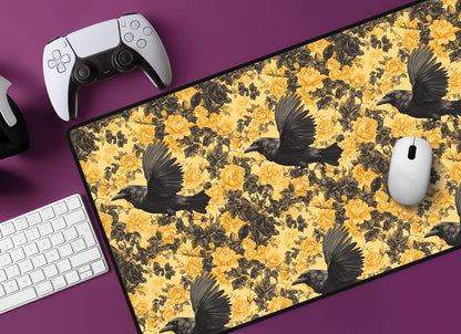 Raven & Yellow Rose Desk Mat | Alternative Office Decor | Multiple Size Options