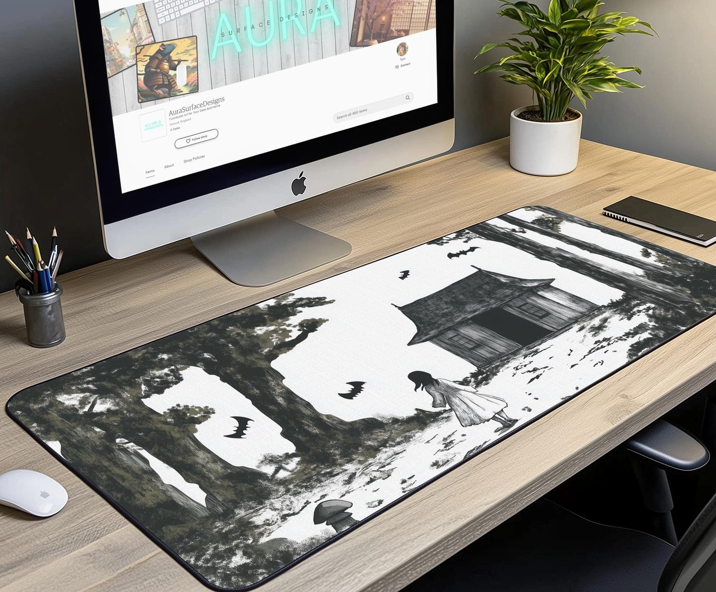 Witches Forest House Desk Mat | Alternative Office Decor | Multiple Size Options