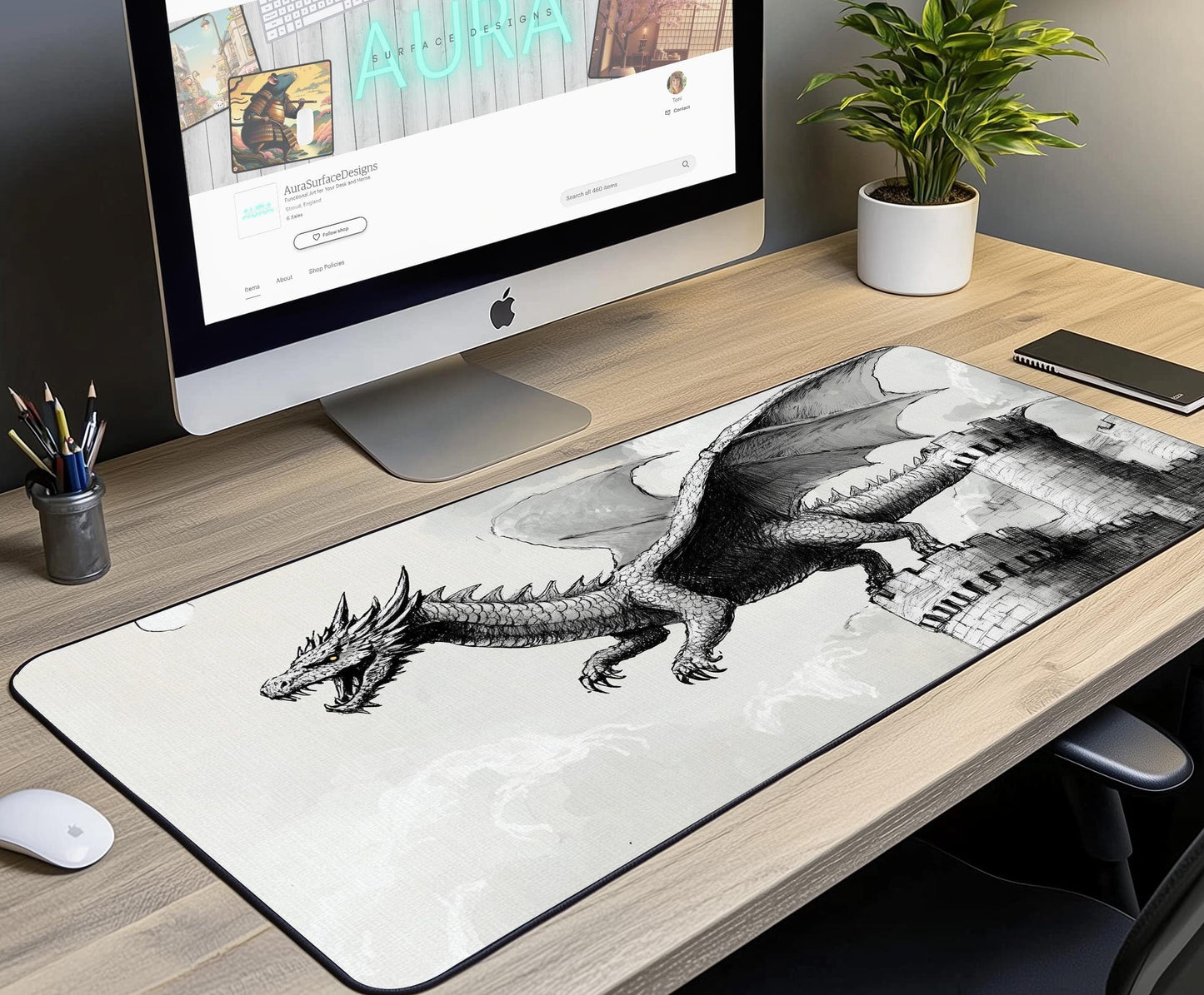 Dragon Illustration Desk Mat | Alternative Office Decor | Multiple Size Options