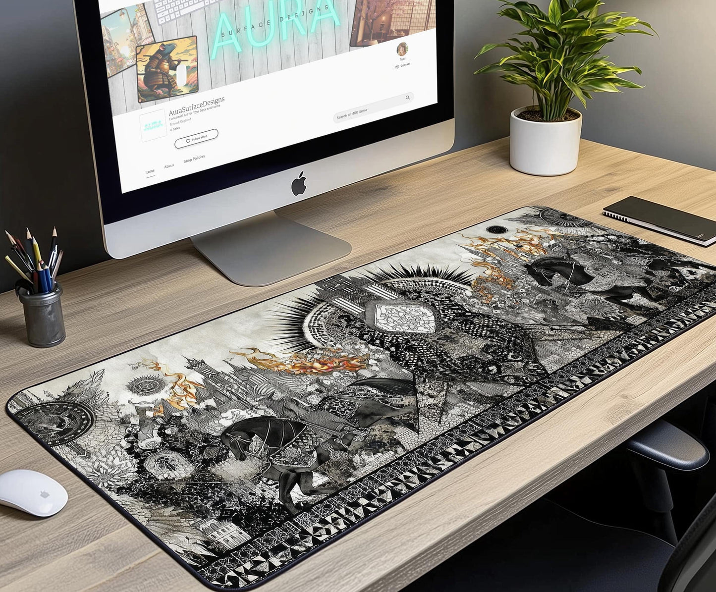 Black & White Art Desk Mat | Alternative Office Decor | Multiple Size Options