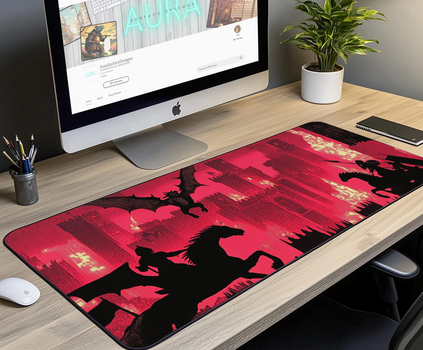 Dragon & Knight Art Desk Mat | Alternative Office Decor | Multiple Size Options