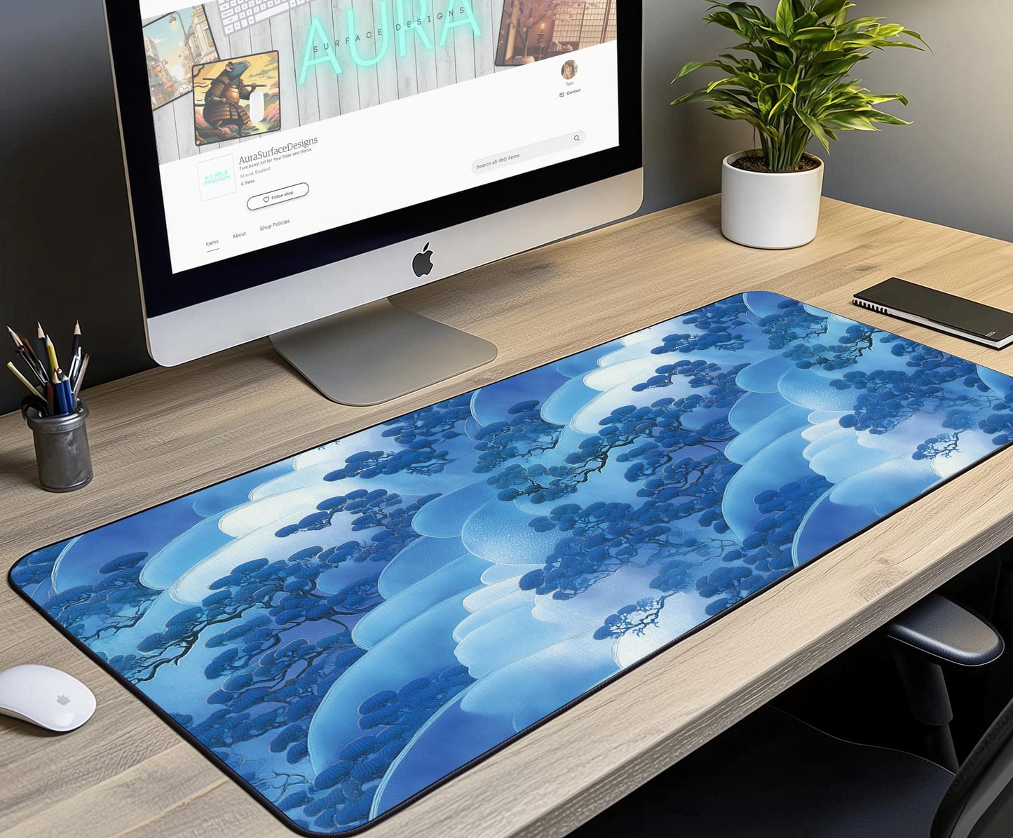 Blue Abstract Landscape Desk Mat | Alternative Office Decor | Multiple Size Options