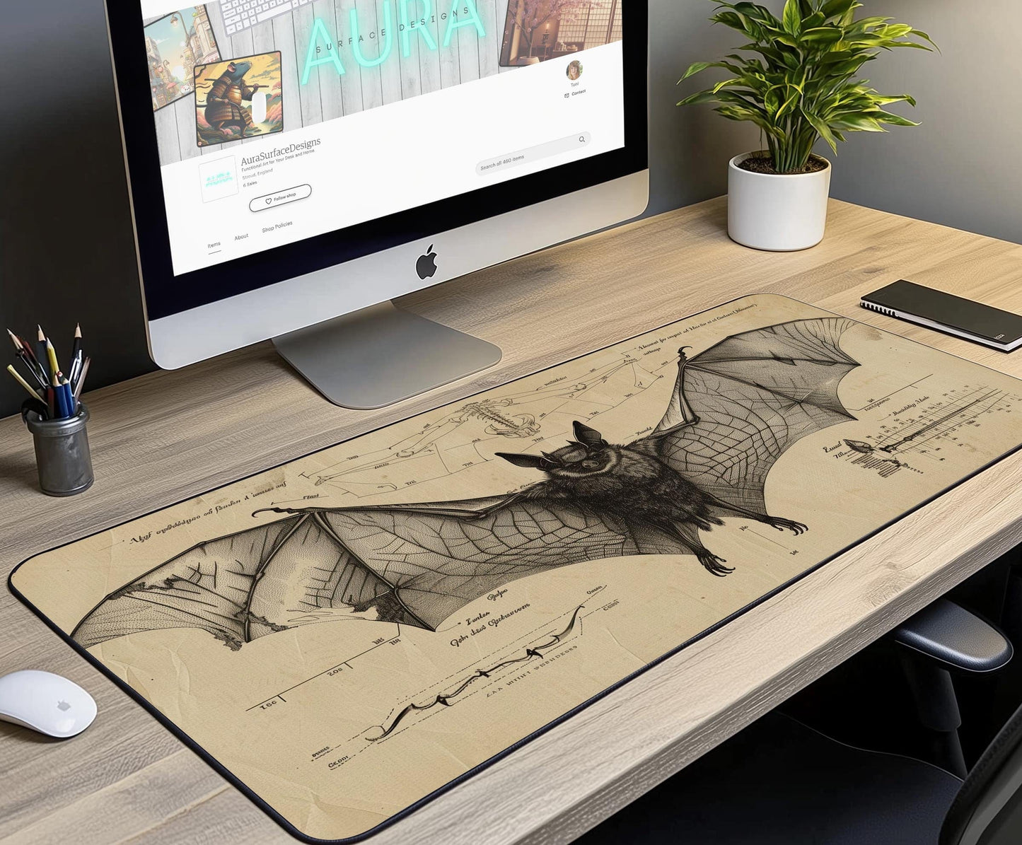 Vintage Bat Sketch Desk Mat | Alternative Office Decor | Multiple Size Options