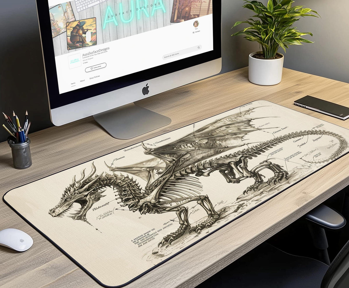 Dragon Skeleton Desk Mat | Alternative Office Decor | Multiple Size Options