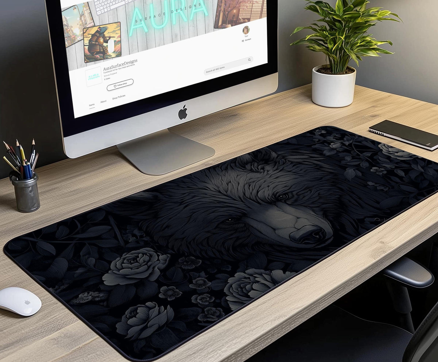 Black Bear Desk Mat | Alternative Office Decor | Multiple Size Options