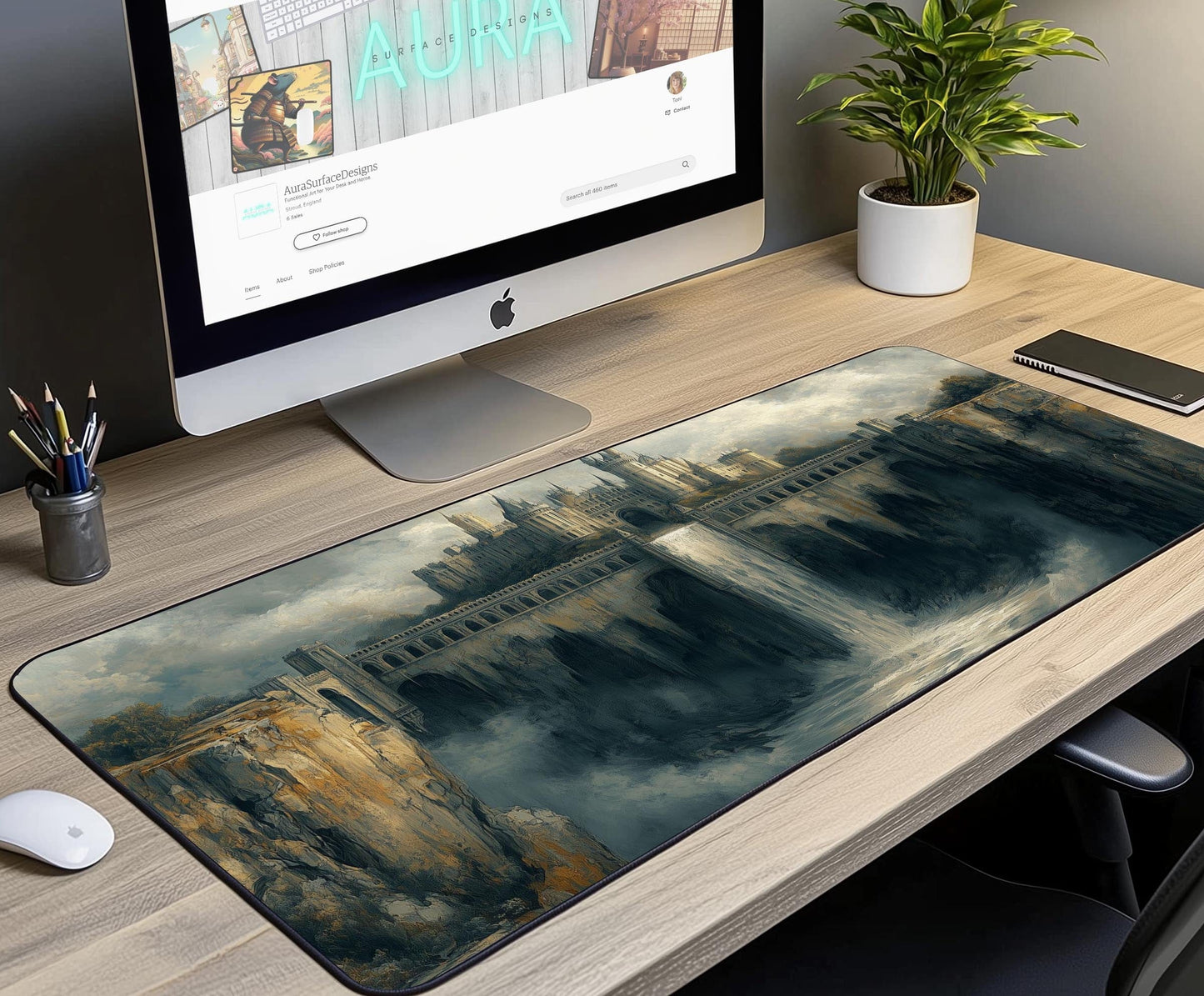 Castle & Waterfall Desk Mat | Alternative Office Decor | Multiple Size Options