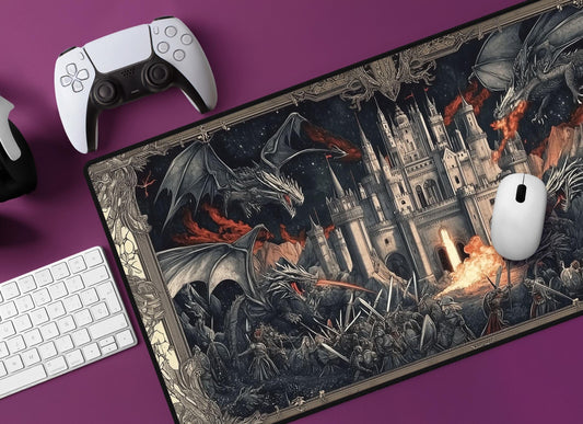 Medieval Dragon Battle Desk Mat | Alternative Office Decor | Multiple Size Options