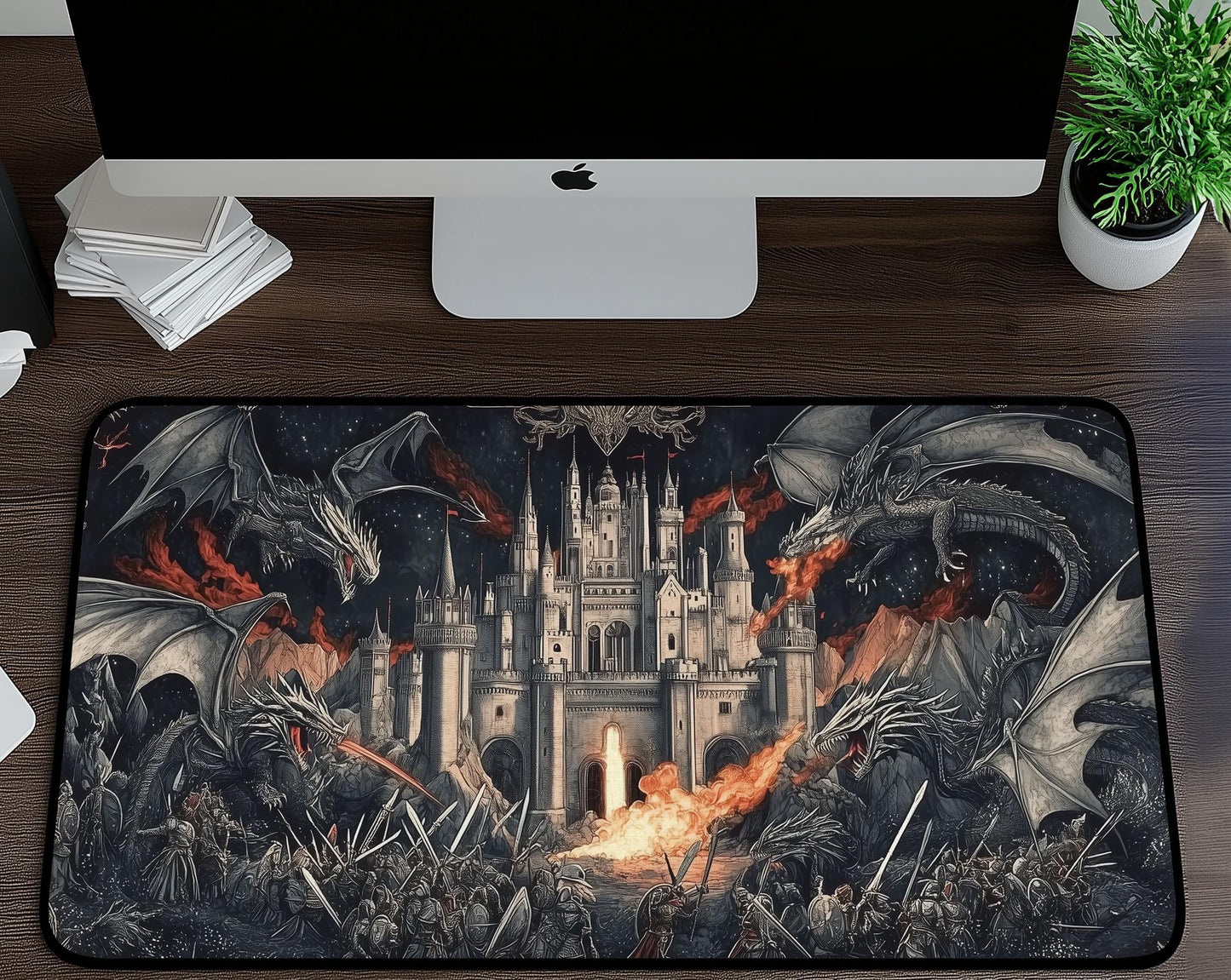 Medieval Dragon Battle Desk Mat | Alternative Office Decor | Multiple Size Options