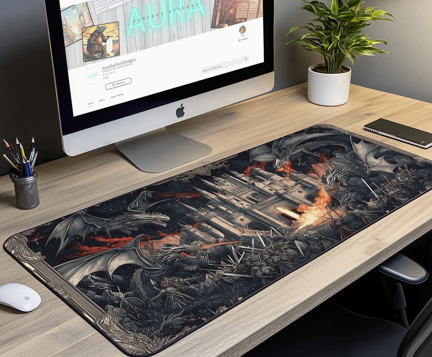 Medieval Dragon Battle Desk Mat | Alternative Office Decor | Multiple Size Options